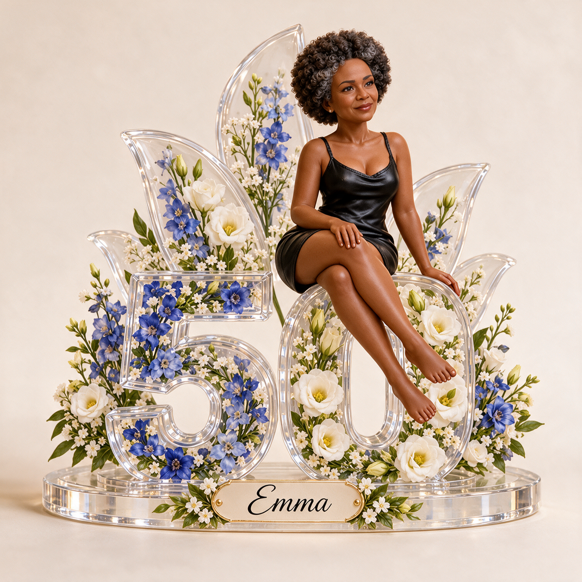 Plaque Acrylique Personnalisée Photo Florale Bleue - Cadeau d'Anniversaire 50 Ans pour Femmes