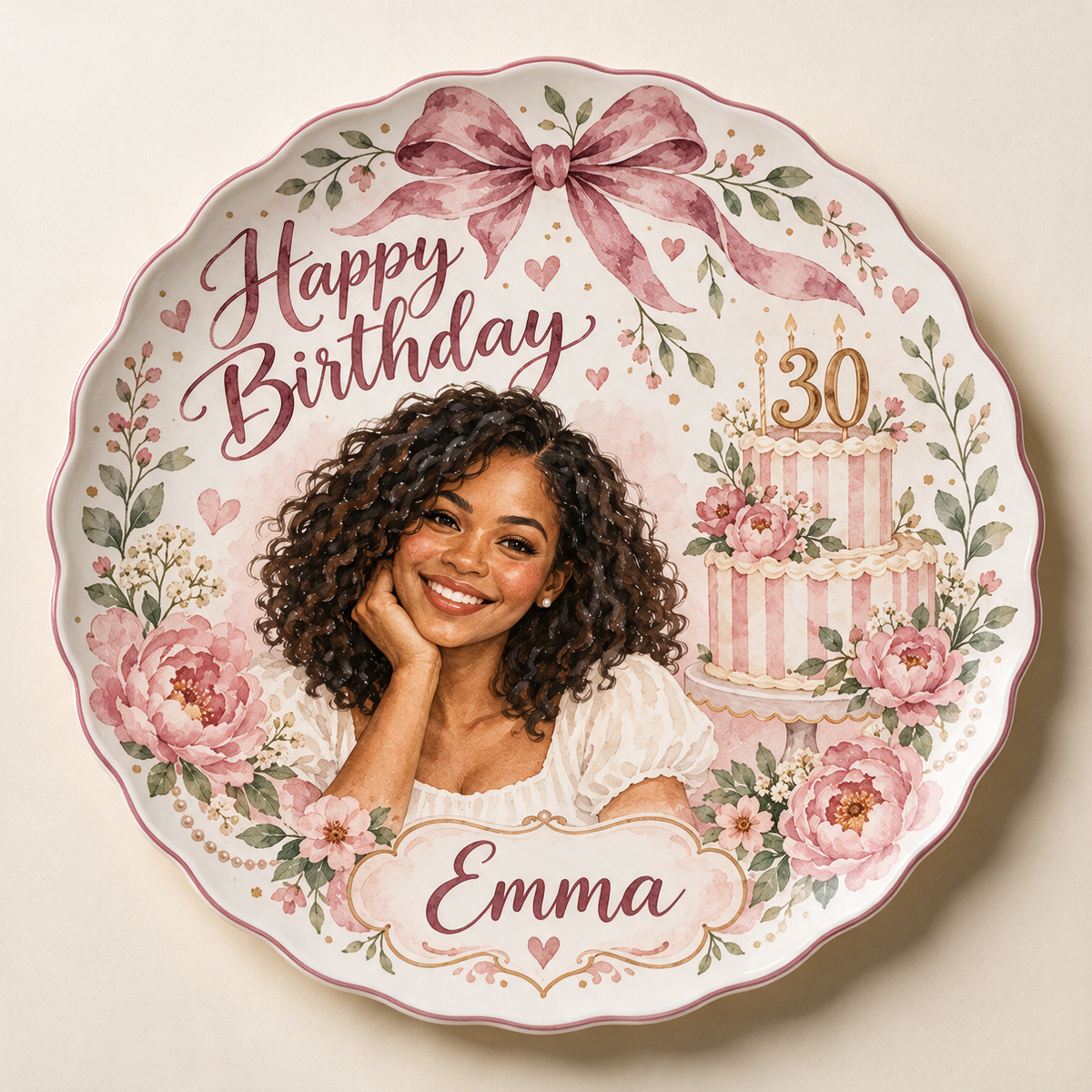Personalized Birthday Ceramic Round Plate - Scalloped Floral Watercolor Portrait Gift