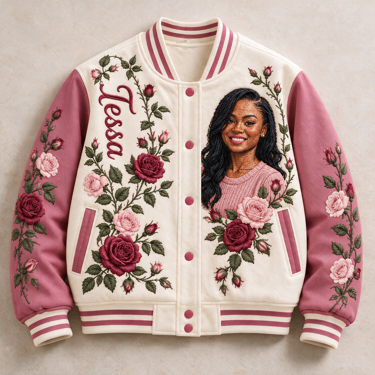 Personalized Rose Varsity Jacket - Women's Embroidered Portrait Design