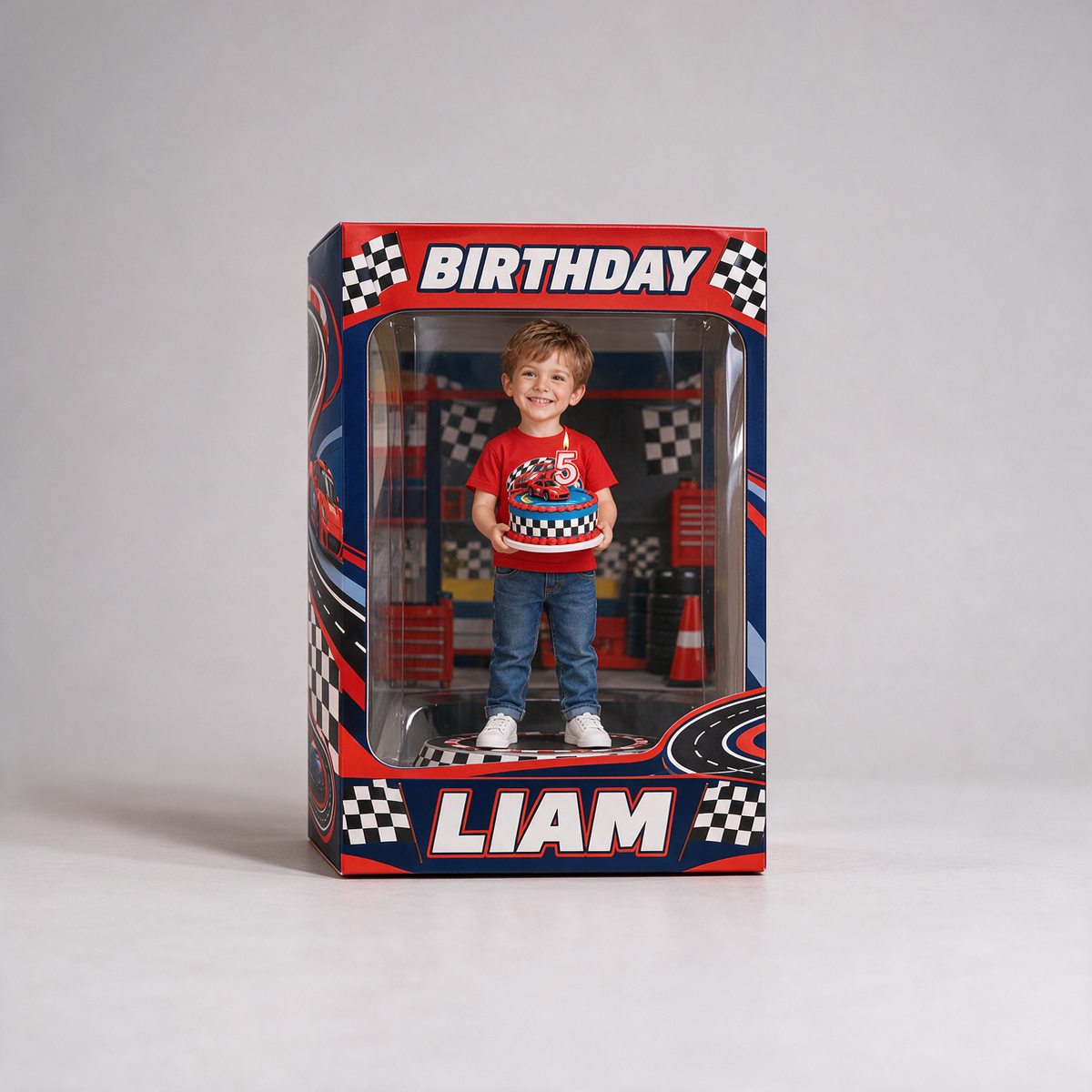 Boîte d'affichage acrylique personnalisée avec photo de voiture de course - Cadeau d'anniversaire pour garçon de 5 ans