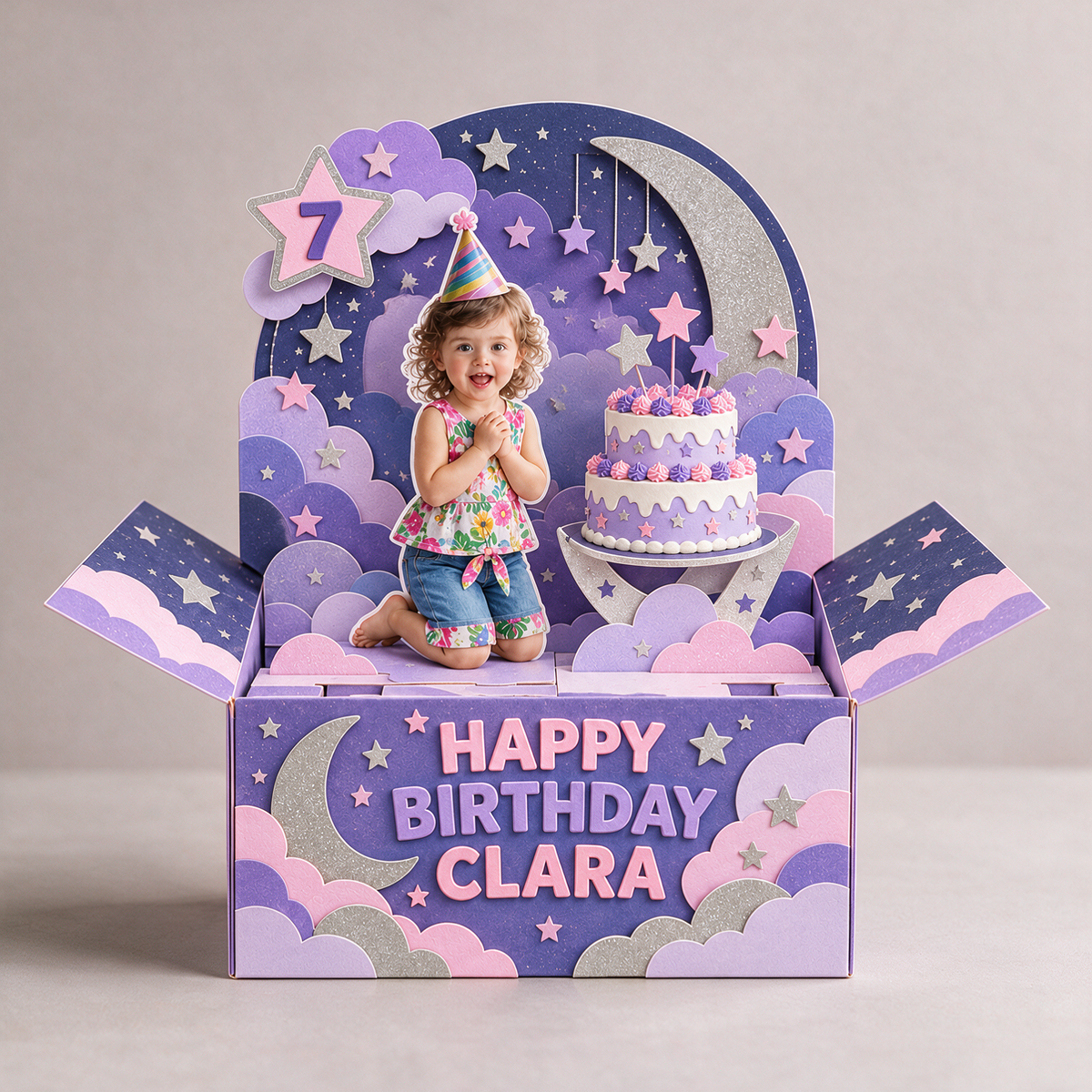 Personalized Moon and Stars Pop-Up Box Card - Birthday Cake with Custom Photo, Name and Age