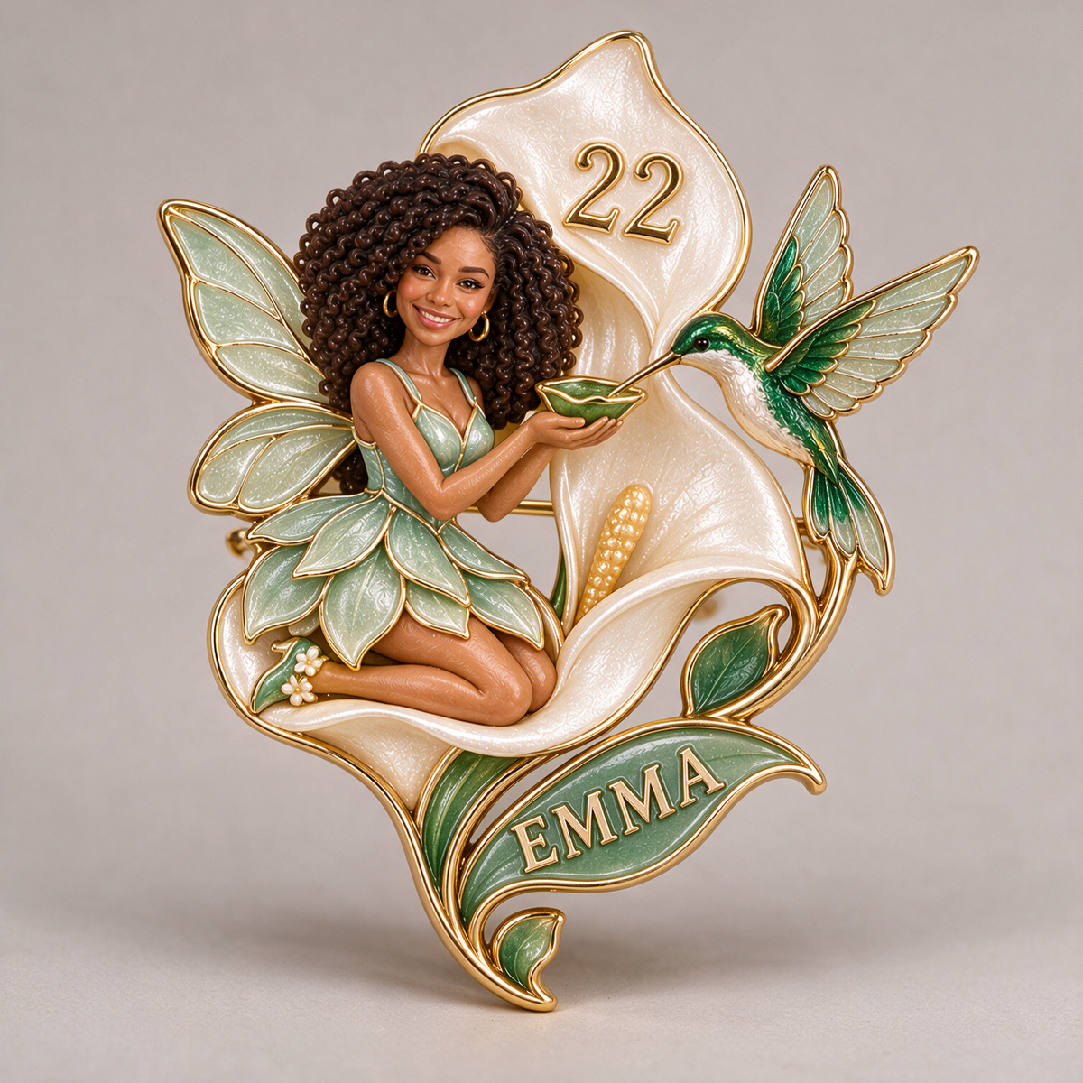 Personalized Birthday Hummingbird Brooch - Fairy Portrait, Calla Lily, Name and Age