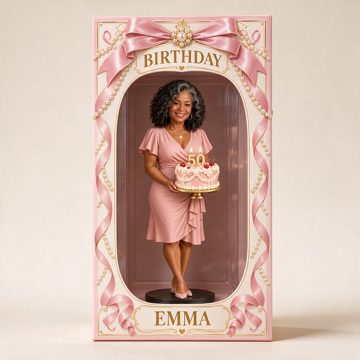 Personalized Custom Photo Pearl Bow Figurine in Acrylic Display Box - 50th Birthday Gift for Women