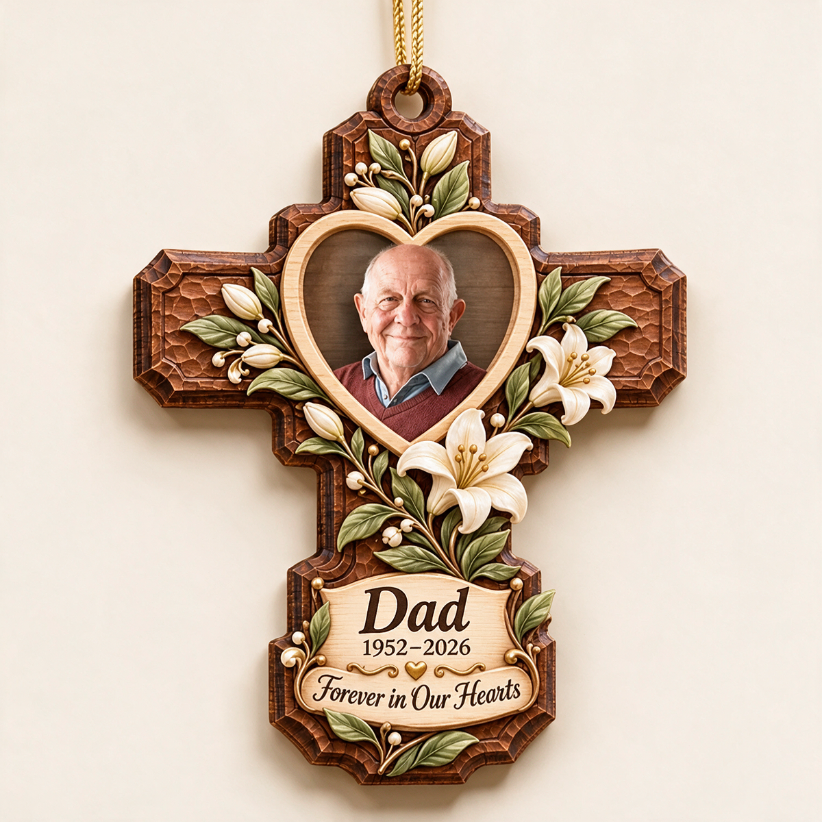 Personalized Custom Photo Dad Memorial Cross Layered Wood Ornament - Christmas Remembrance Keepsake