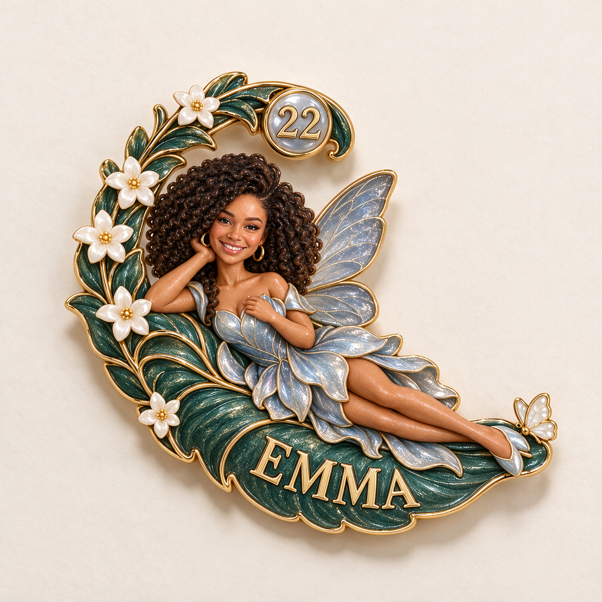 Personalized Reclining Fairy Brooch - Birthday Gift with Custom Photo, Name and Age, Crescent Fern Leaf