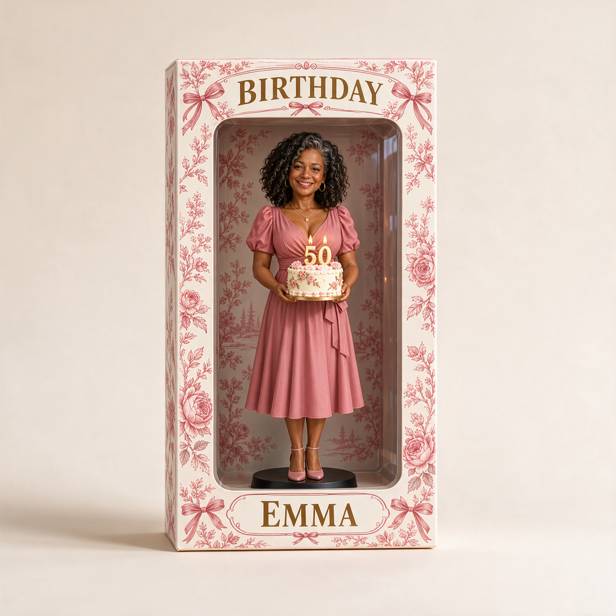 Personalized Custom Photo Pink Toile Figurine Display Box - 50th Birthday Gift for Women