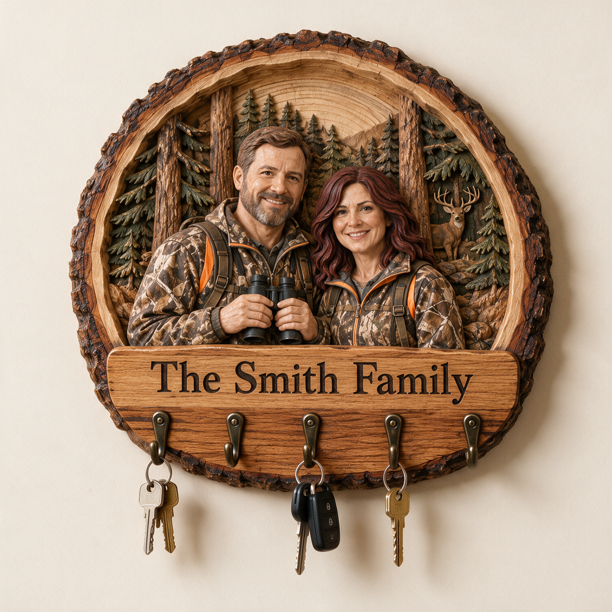 Personalized Hunting Key Rack - Woodland Couple with 5 Hooks