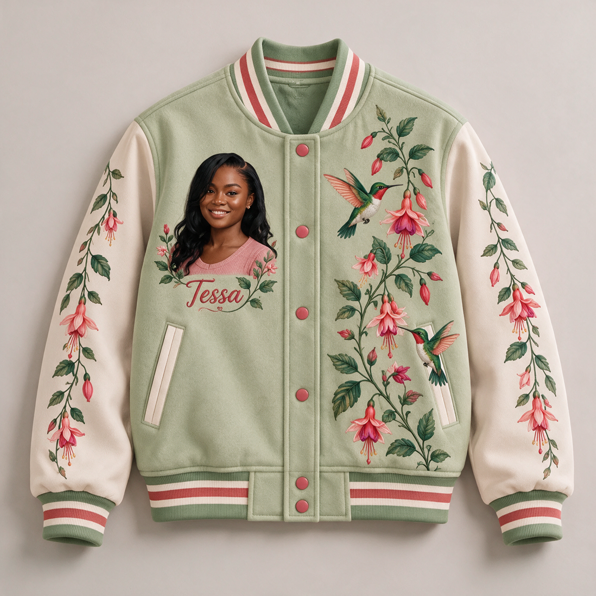 Personalized Hummingbird Varsity Jacket - Women's Floral Photo Portrait