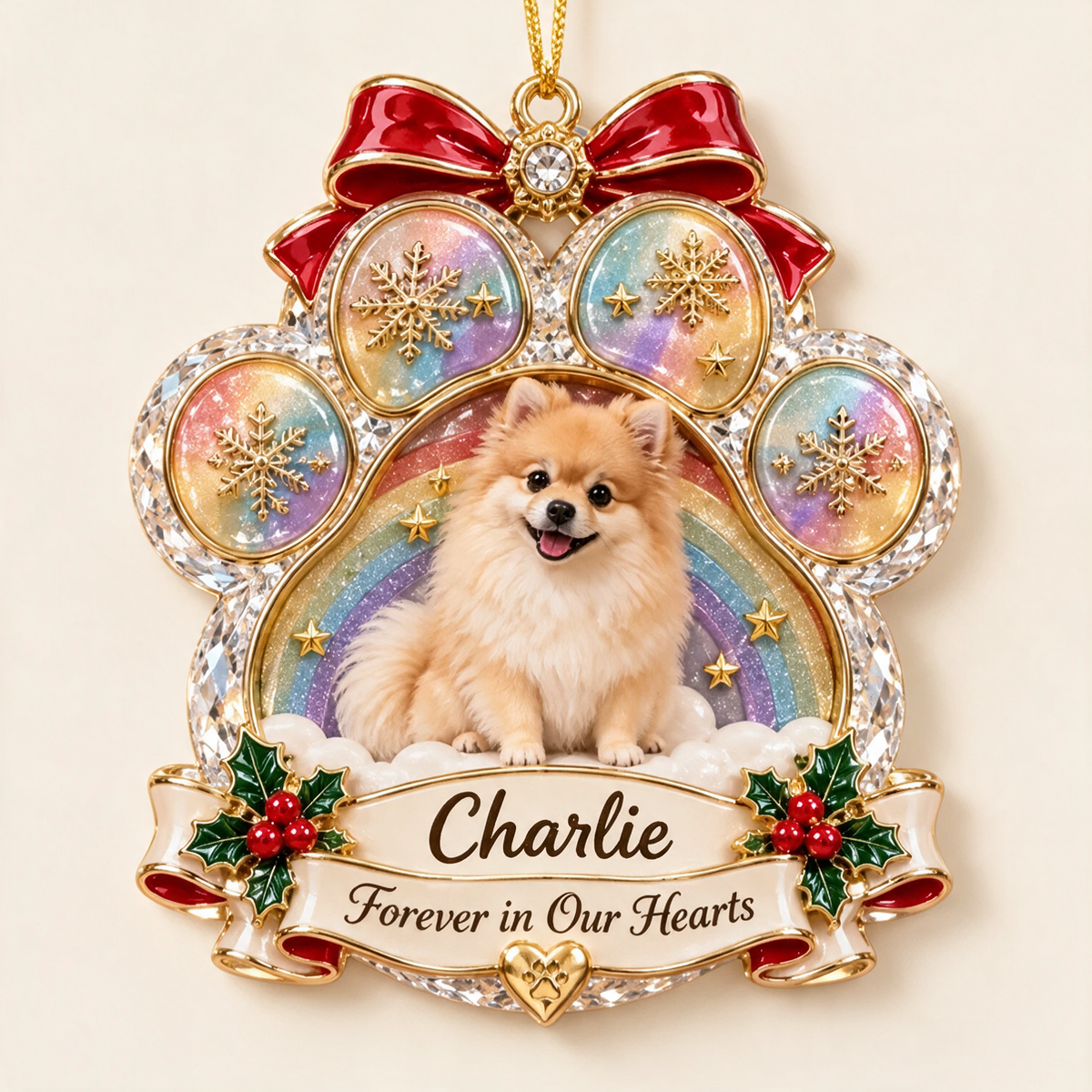Personalized Custom Photo Pomeranian Memorial 3D Rainbow Paw Ornament - Christmas Dog Lover Gift
