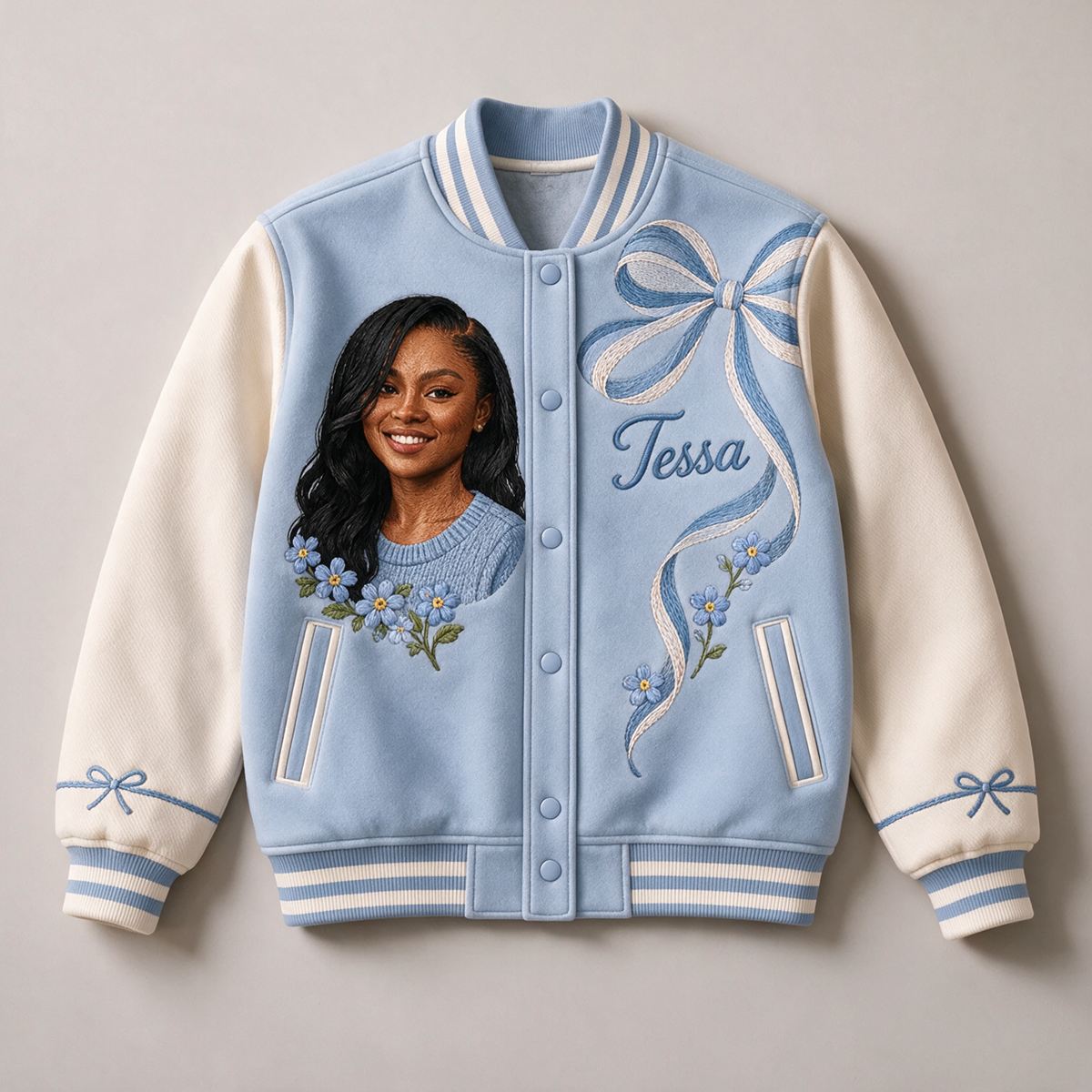 Veste Varsity Personnalisée Bleu avec Nœud - Cadeau d'Anniversaire Femme