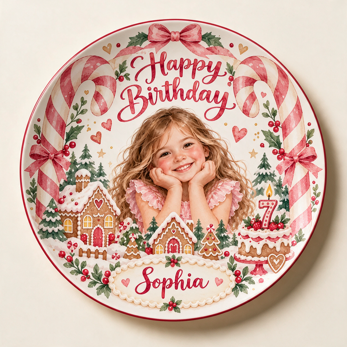 Personalized Christmas Ceramic Plate - Birthday Watercolor Portrait, Gingerbread and Candy Canes
