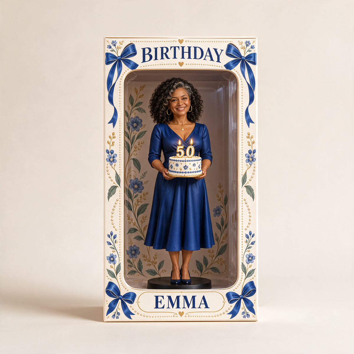 Boîte d'affichage figurine en ruban bleu photo personnalisée - Cadeau d'anniversaire pour femmes de 50 ans