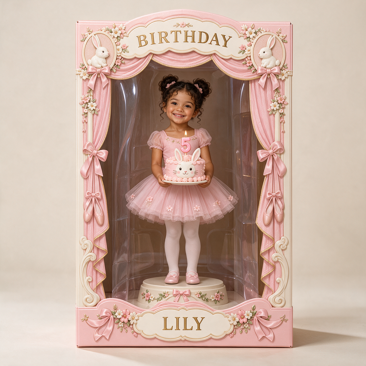 Personalized Custom Photo Bunny Acrylic Display Box - 5th Birthday Gift for Girls