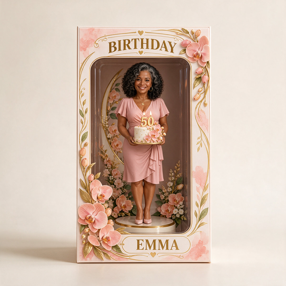 Personalized Custom Photo Peach Orchid Figurine in Acrylic Display Box - 50th Birthday Gift for Women