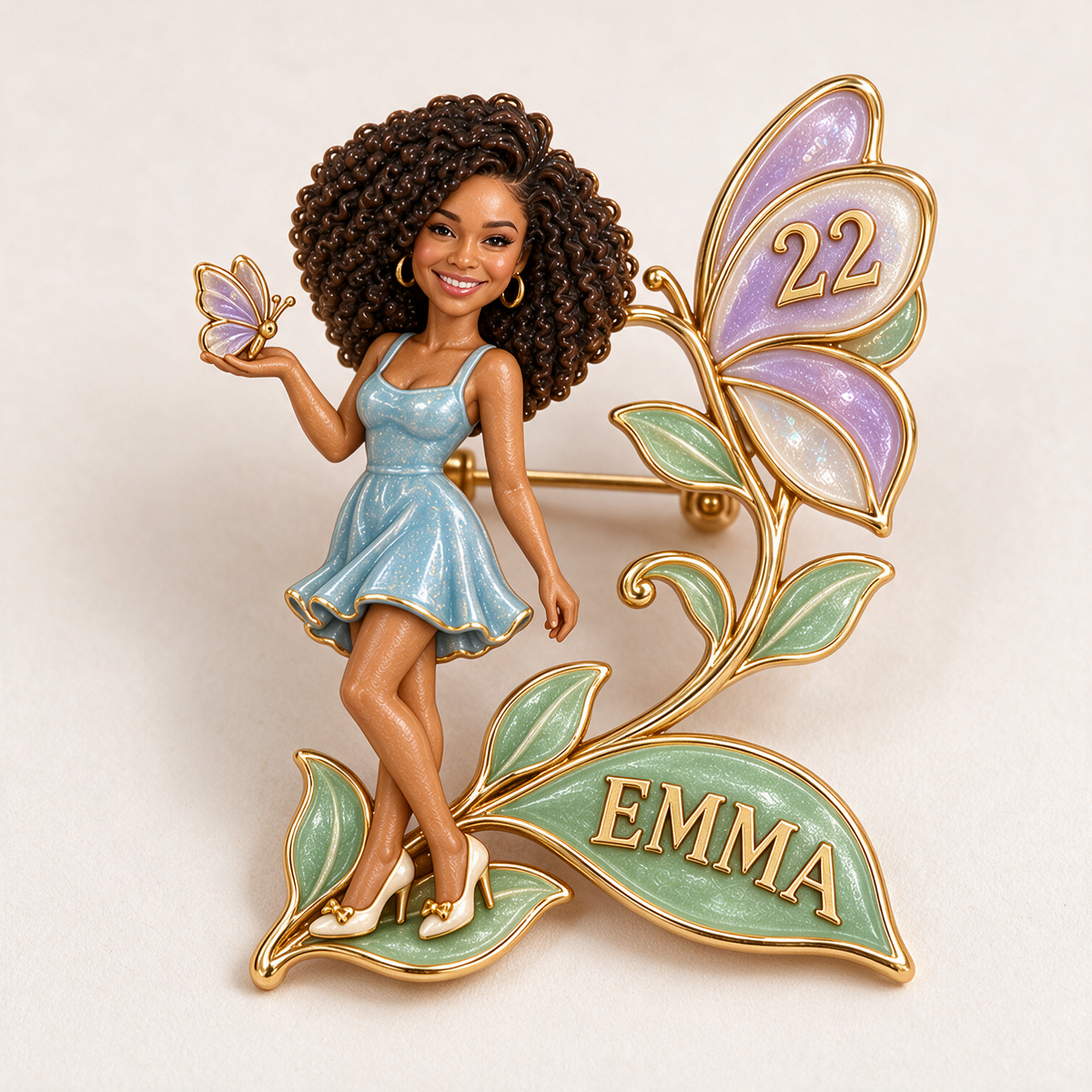 Personalized Birthday Butterfly Brooch - Sculpted Portrait, Name and Age