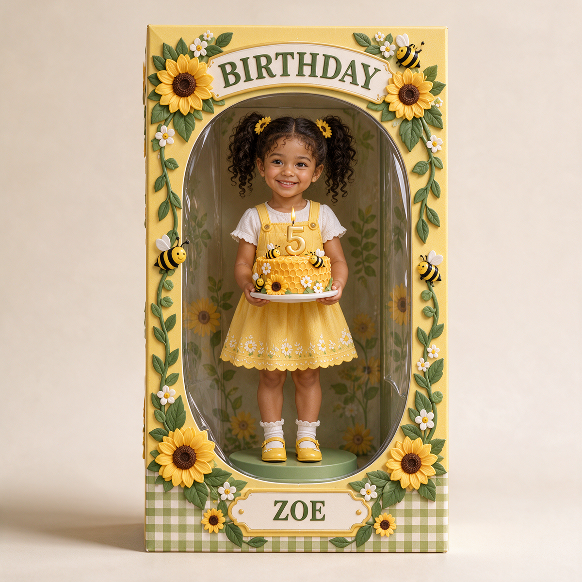 Boîte d'Affichage Acrylique Personnalisée Photo Tournesol Abeille - Cadeau d'Anniversaire pour Filles
