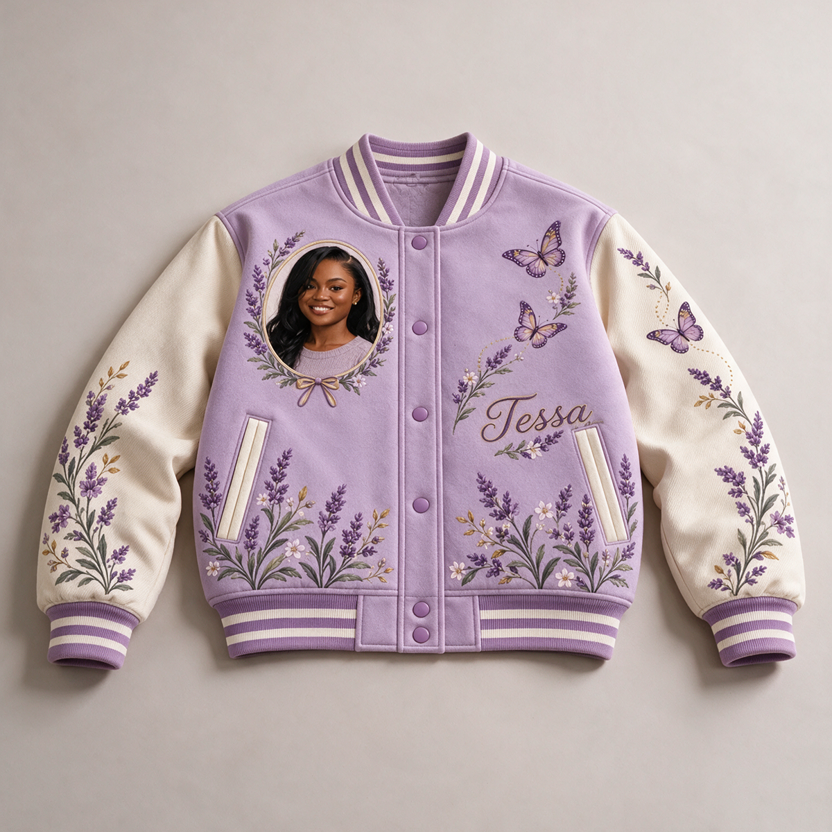 Personalized Butterfly Varsity Jacket - Women's Lavender Portrait Design