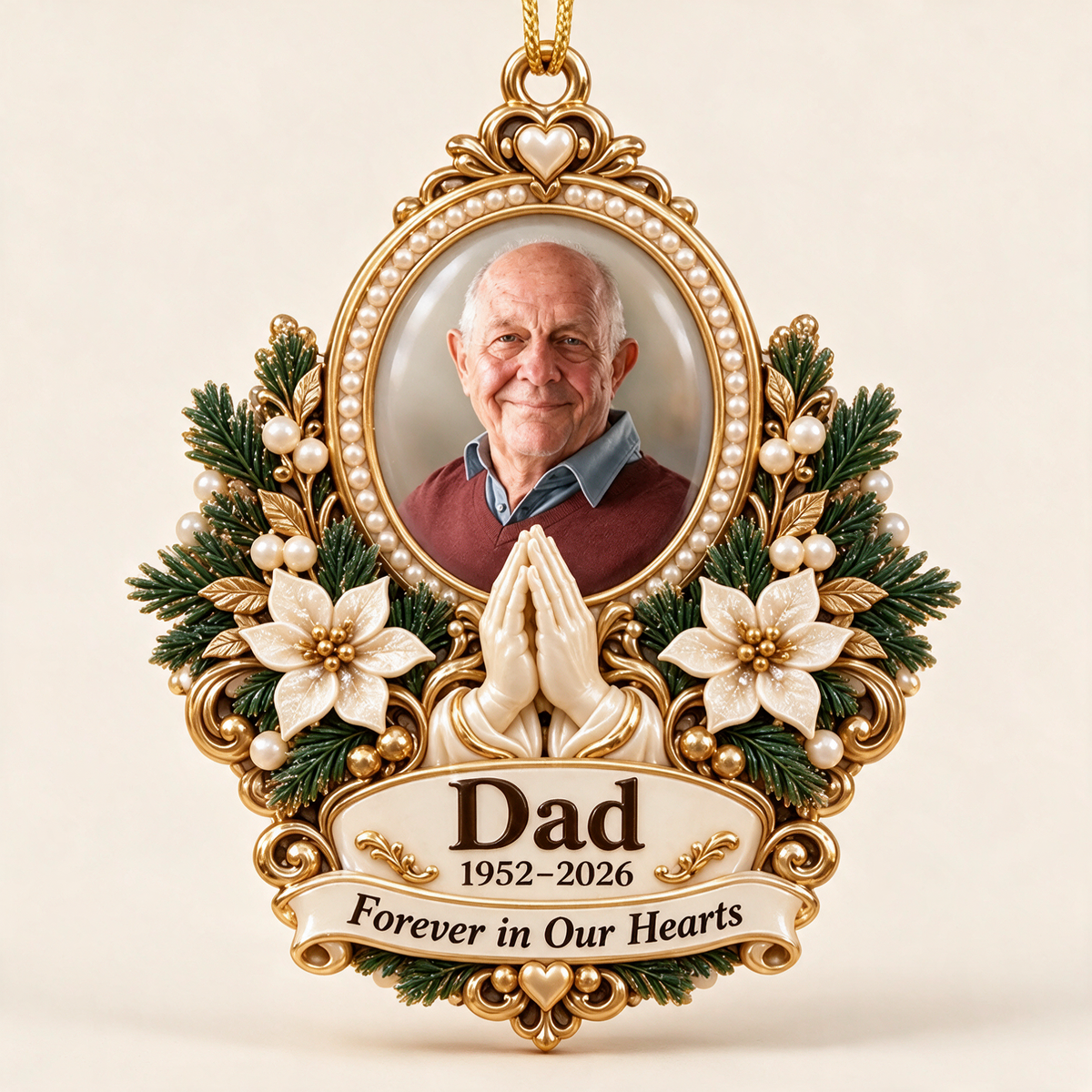 Personalized Custom Photo Dad Memorial Praying Hands 3D Ornament - Christmas Remembrance Keepsake