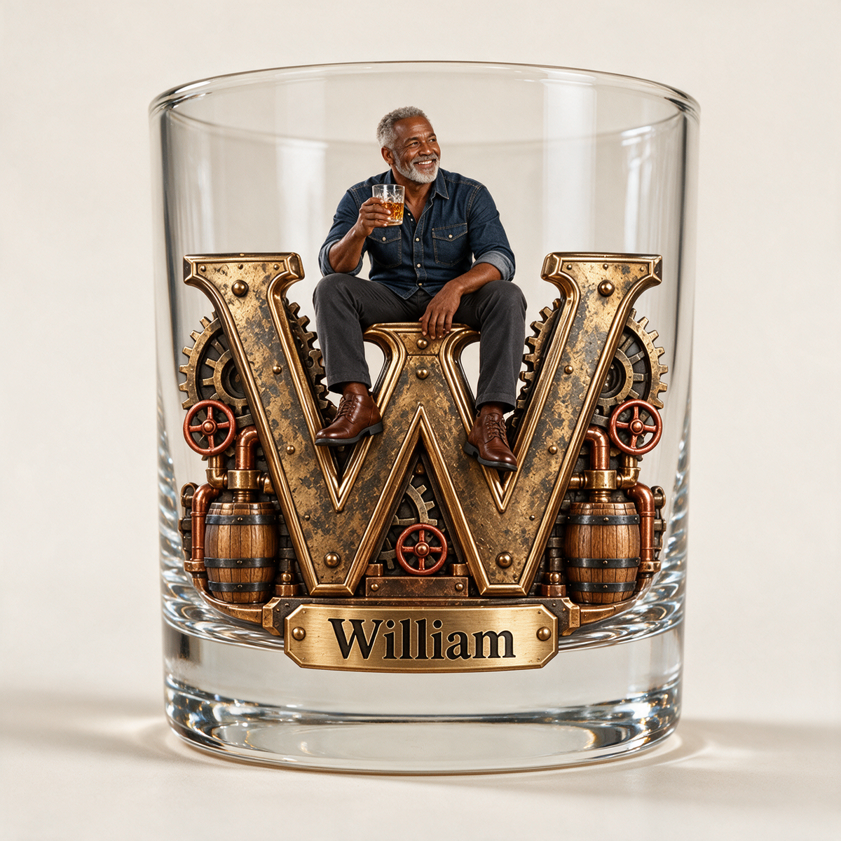 Personalized Custom Photo Industrial Monogram Whiskey Glass - Gift for Older Men Who Love Whiskey