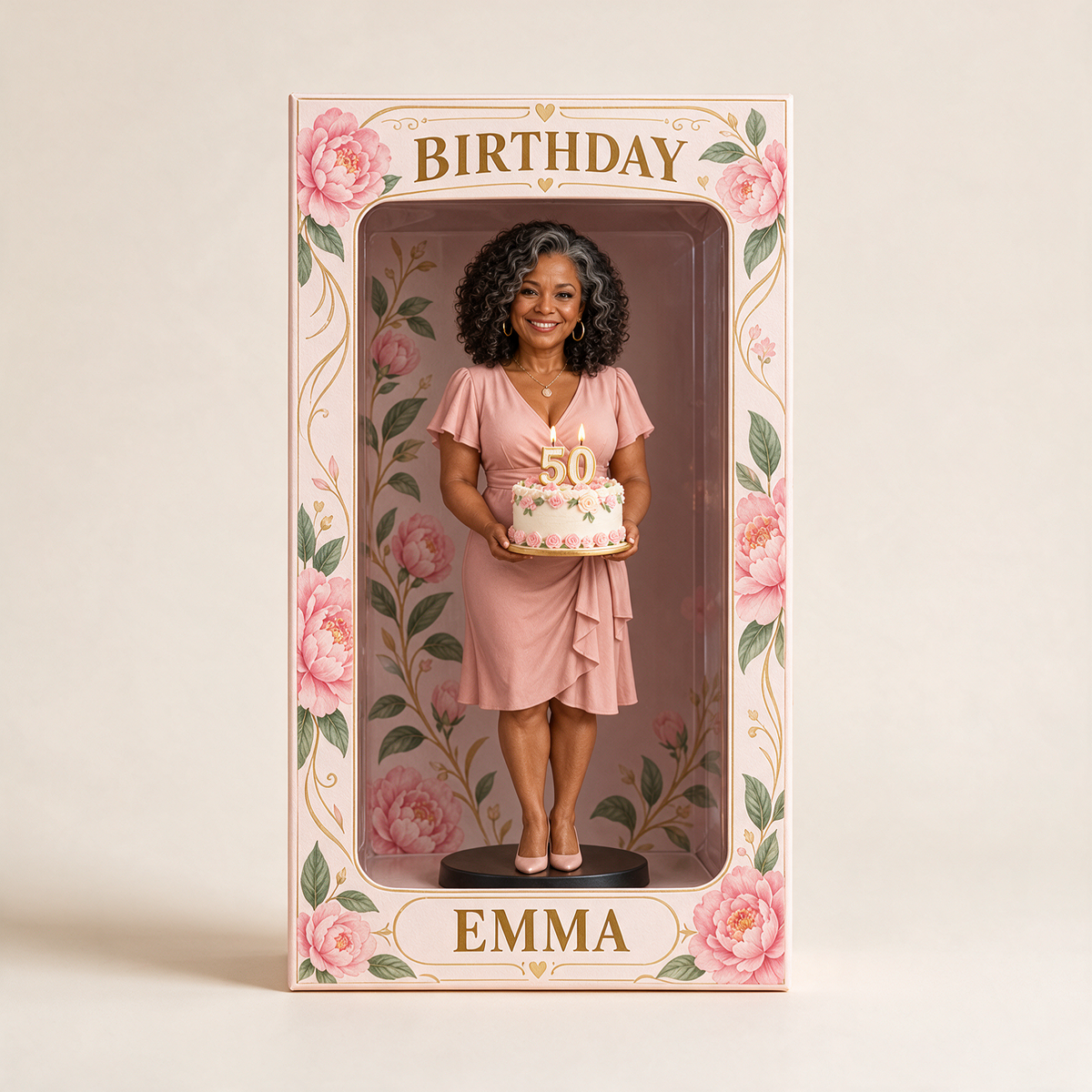 Boîte d'affichage figurine photo personnalisée Pivoine Rose - Cadeau d'anniversaire pour femmes