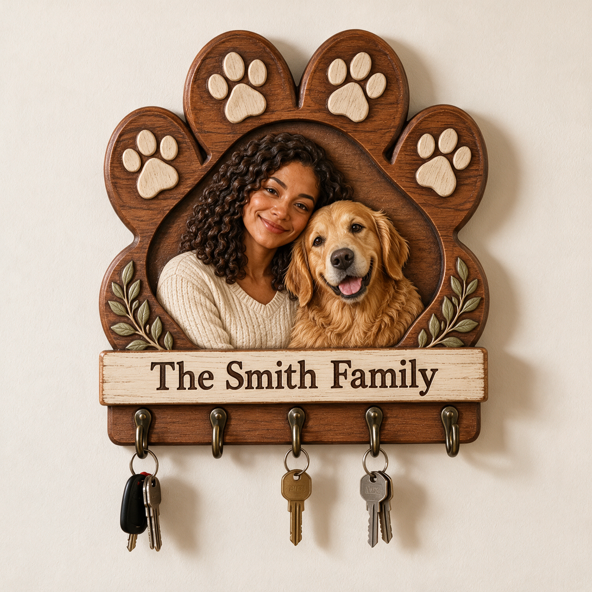 Personalized Dog Key Rack - Paw Shape with 5 Hooks