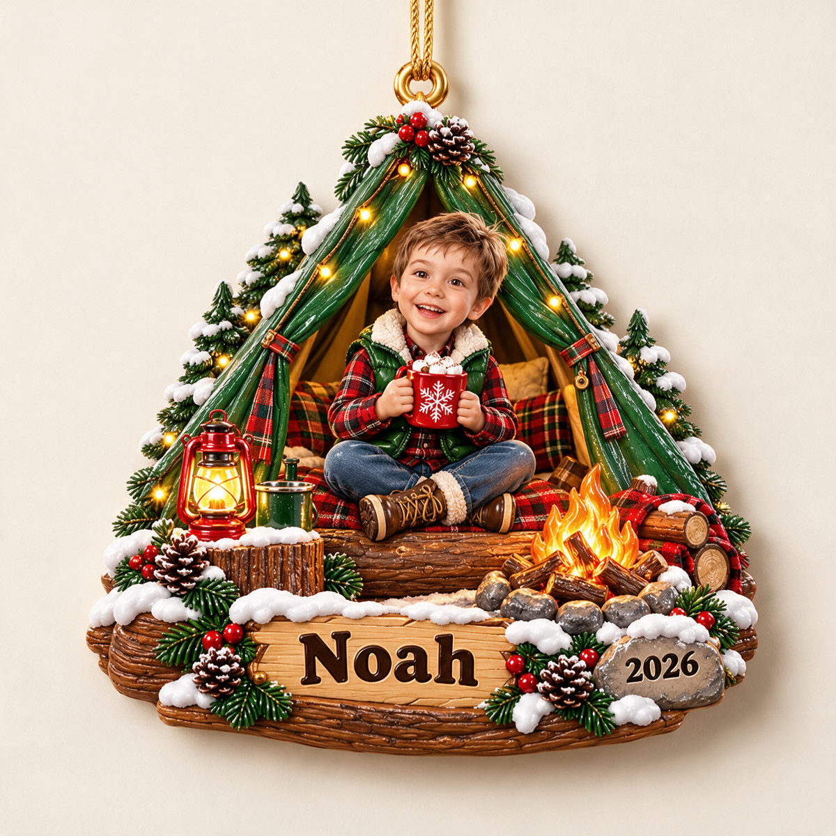 Personalized Custom Photo Camping 3D Ornament - 2026 Christmas Gift for Boys