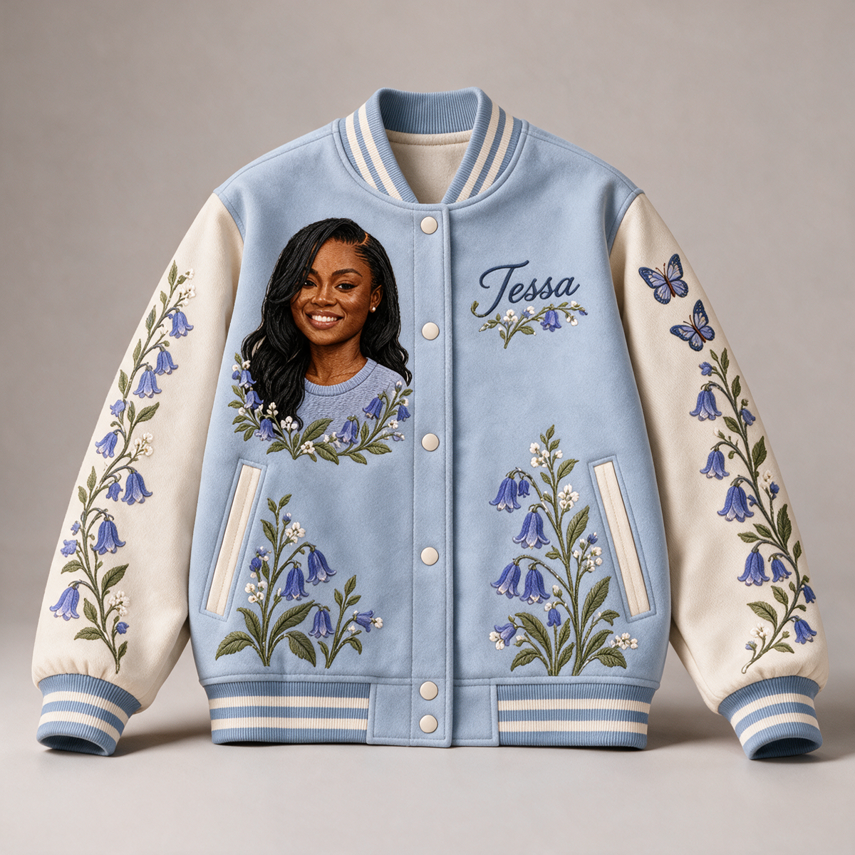 Personalized Bluebell Varsity Jacket for Women - Embroidered Portrait and Name