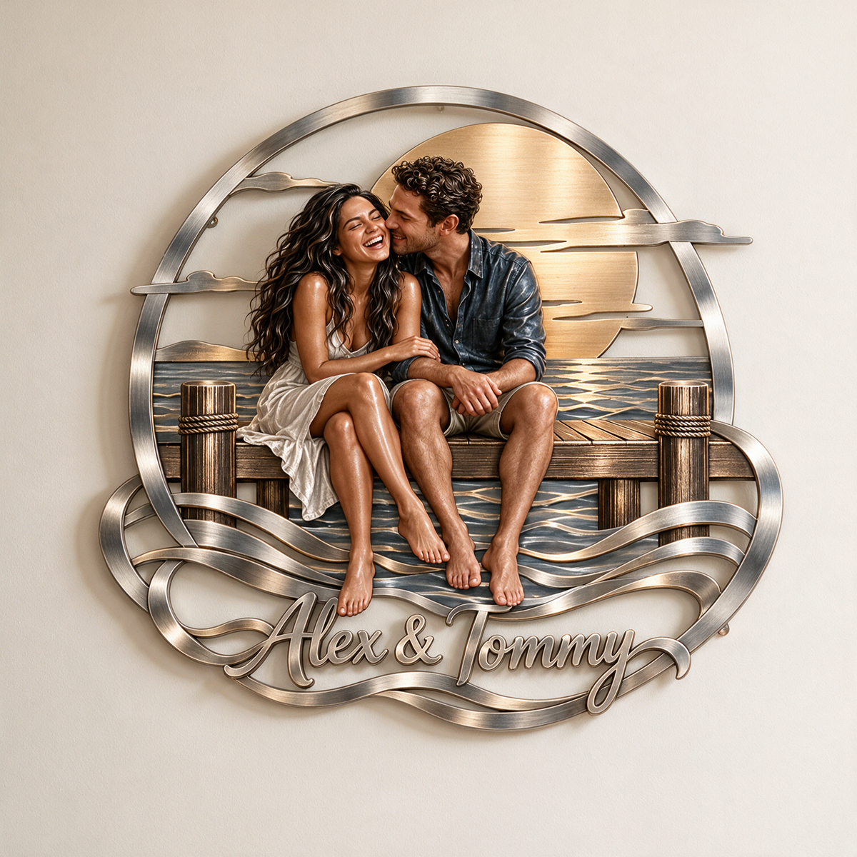 Personalized Custom Photo Sunset Pier 3D Metal Wall Art - Gift for Couples