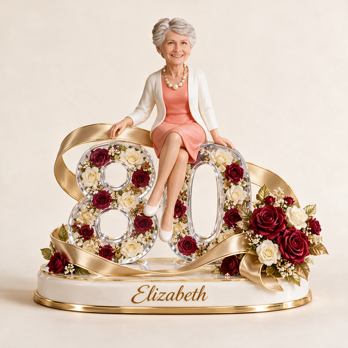 Figurine d'anniversaire personnalisée - Portrait sur mesure, cadeau souvenir en rose et ruban