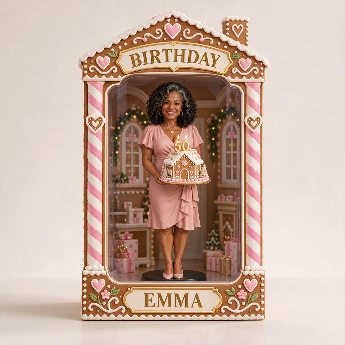 Personalized Custom Photo Gingerbread House Figurine in Acrylic Display Box - 50th Birthday Gift for Women