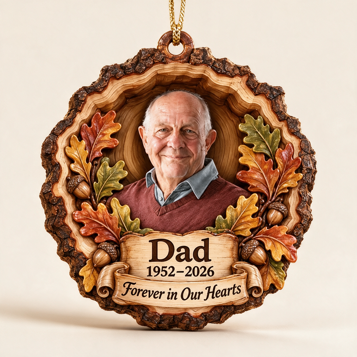 Personalized Custom Photo Dad Memorial Oak Leaf Layered Wood Ornament - Christmas Remembrance Keepsake