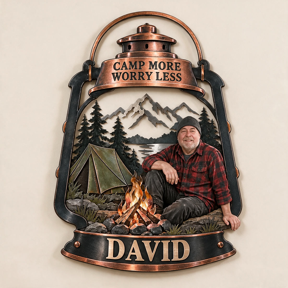 Personalized Camping Metal Wall Art - Custom Portrait and Name, Cabin Wall Decor