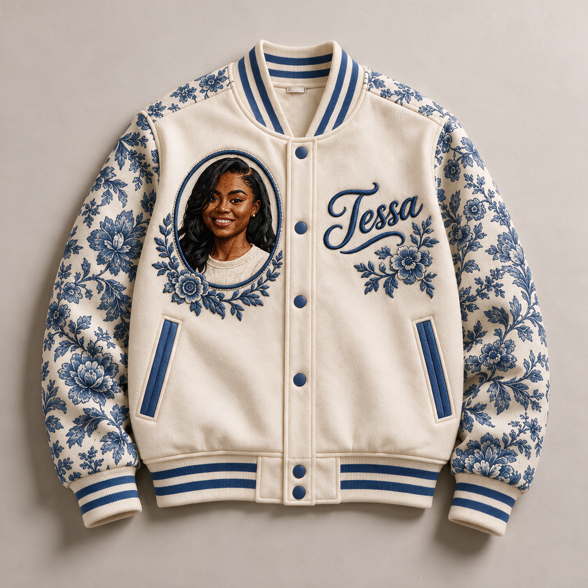 Personalized Botanical Varsity Jacket - Photo Portrait and Name, Modern Toile Style