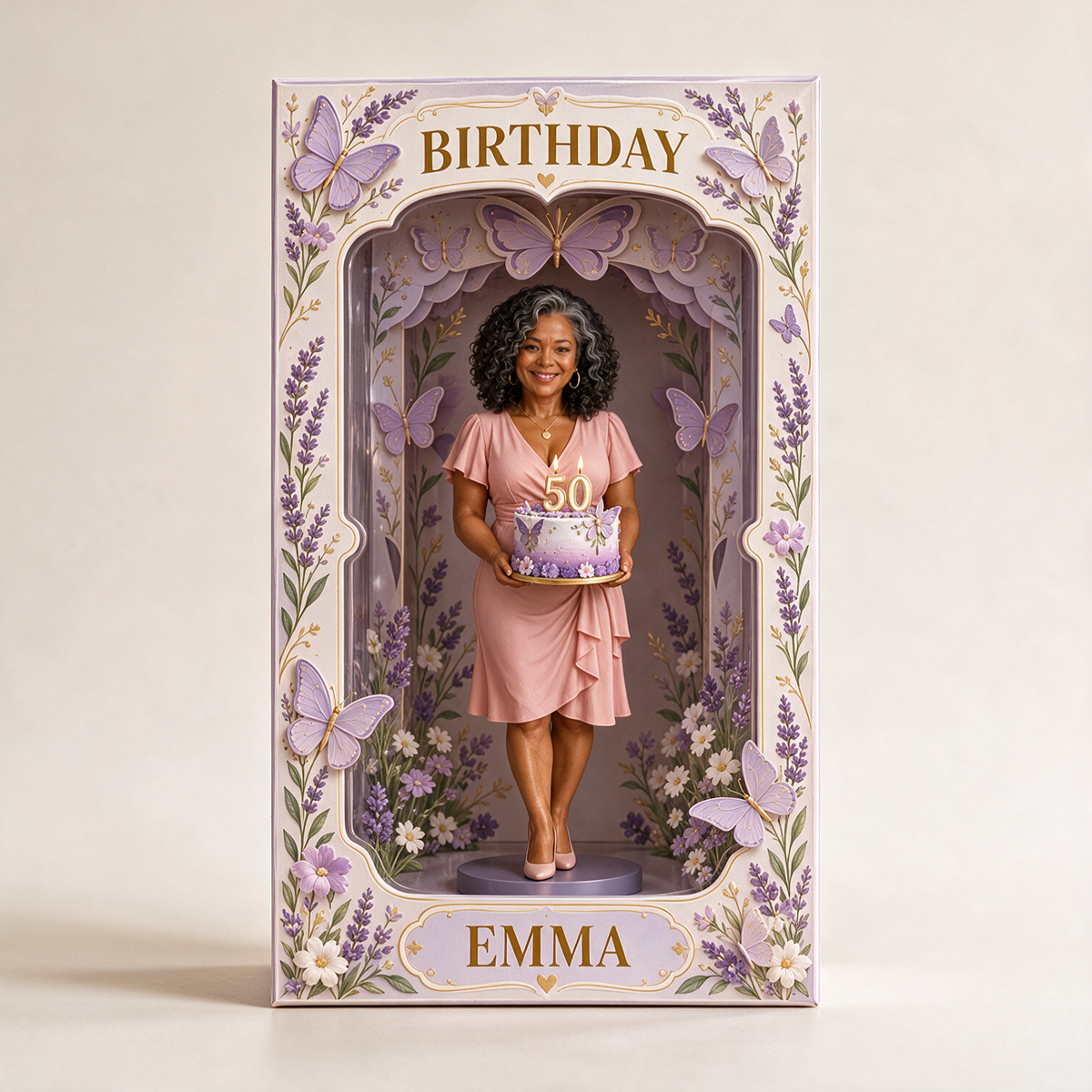 Personalized Custom Photo Lavender Butterfly Figurine in Acrylic Display Box - 50th Birthday Gift for Women