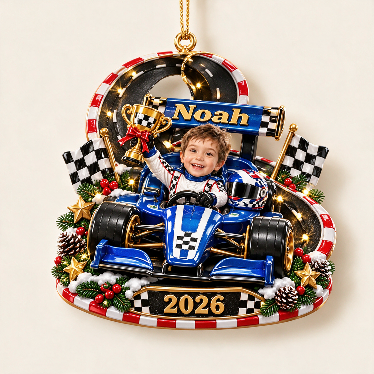 Personalized Custom Photo Race Car 3D Ornament - 2026 Christmas Gift for Boys