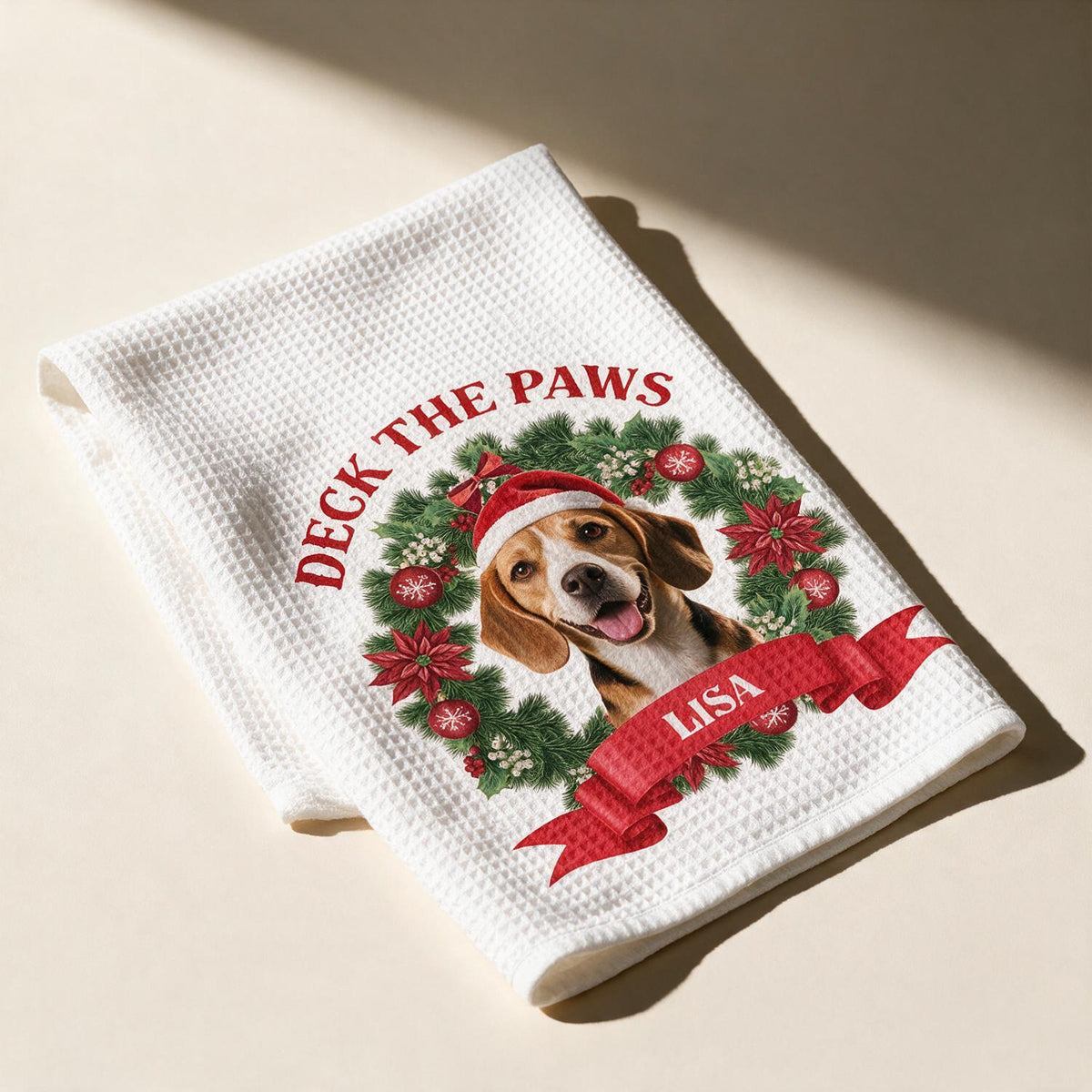 Torchon de Cuisine Beagle de Noël Personnalisé - Cadeau de Fête pour Maman Chien