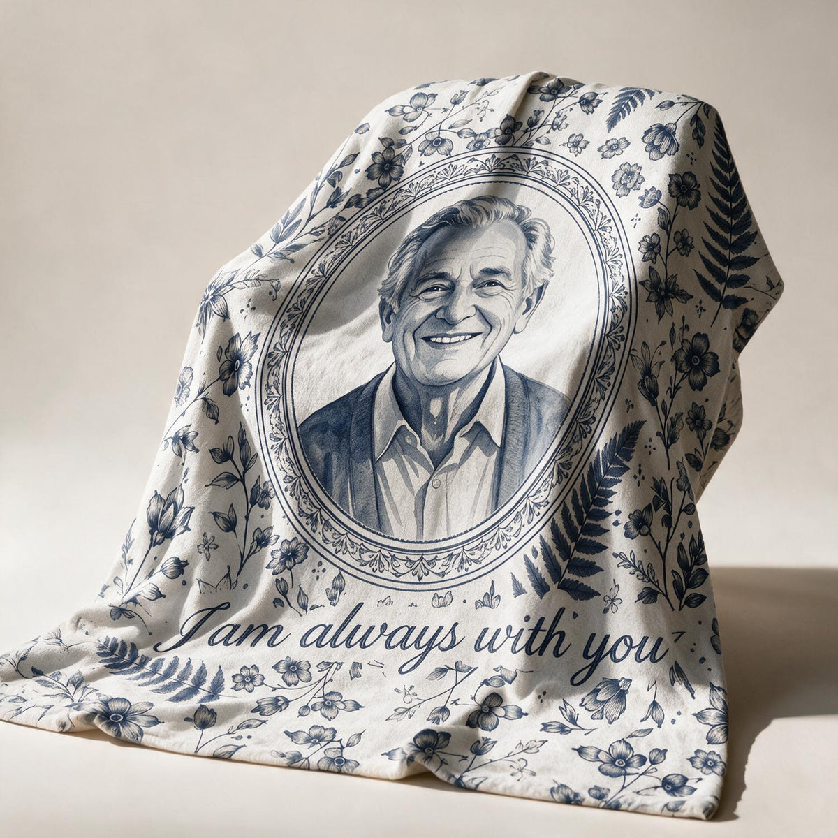 Couverture Portrait Aquarelle Toile Bleue Personnalisée - Cadeau de Sympathie