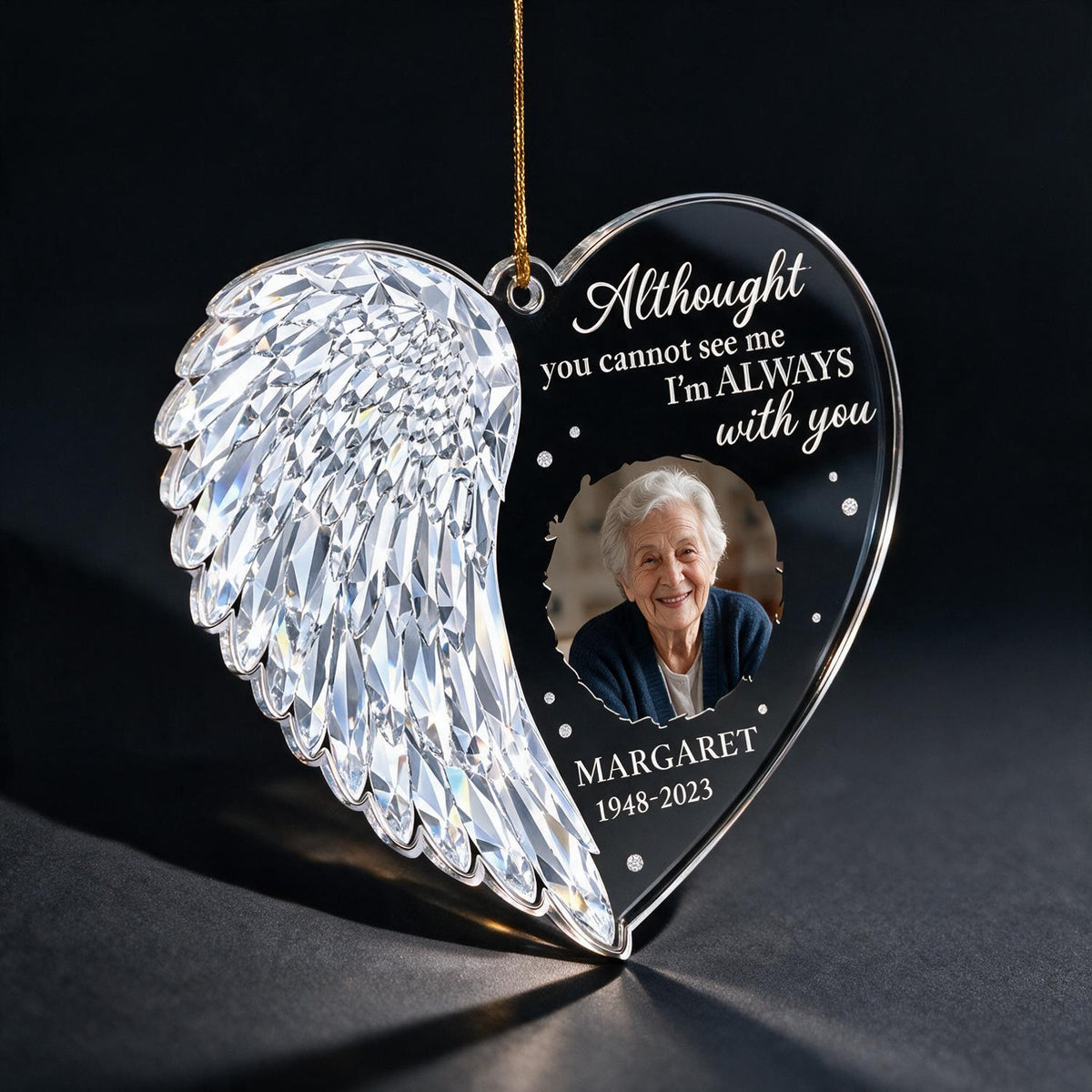 Personalized Christmas Crystal Wing Heart Memorial Photo Ornament - Sympathy Keepsake Gift