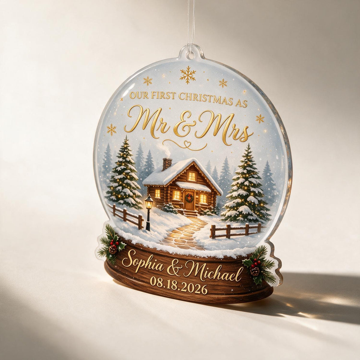 Personalized First Christmas Mr & Mrs Snow Globe Cabin Acrylic Ornament Newlywed Gift