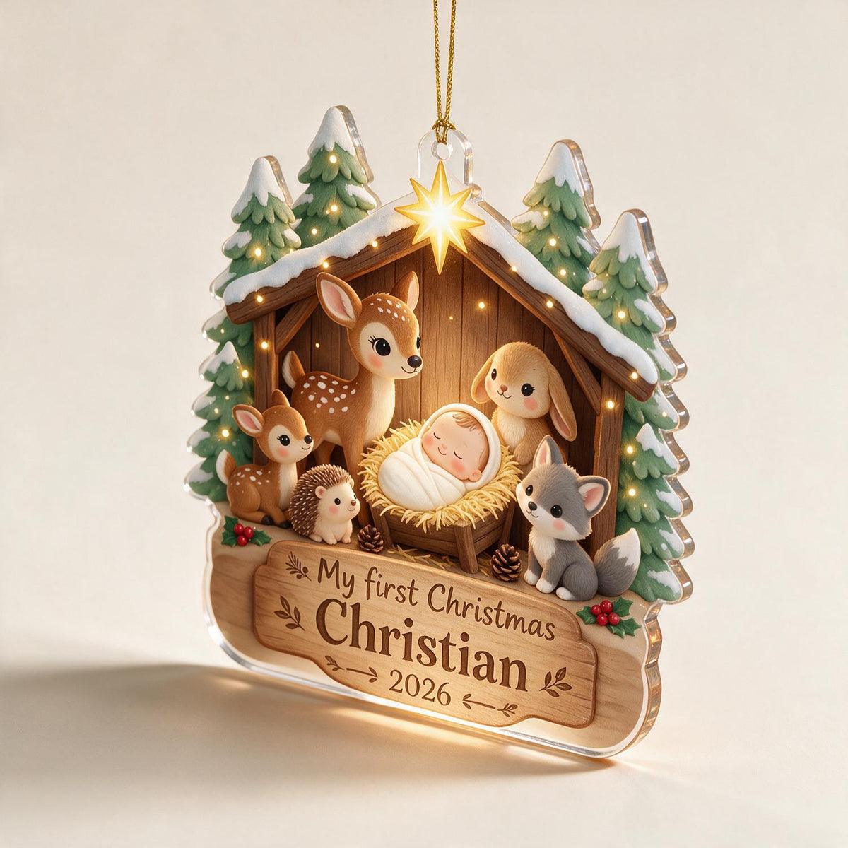 Personalized Christmas My First Christmas Woodland Animals Nativity Acrylic Ornament Baby Keepsake Gift