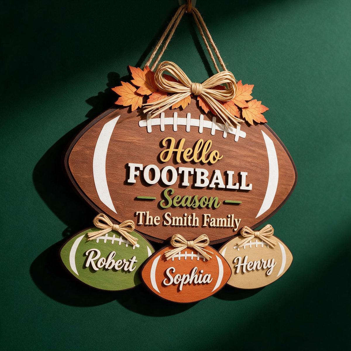 Personalized Football Season Family Football-Shaped Wood Sign, Game Day Home Decor