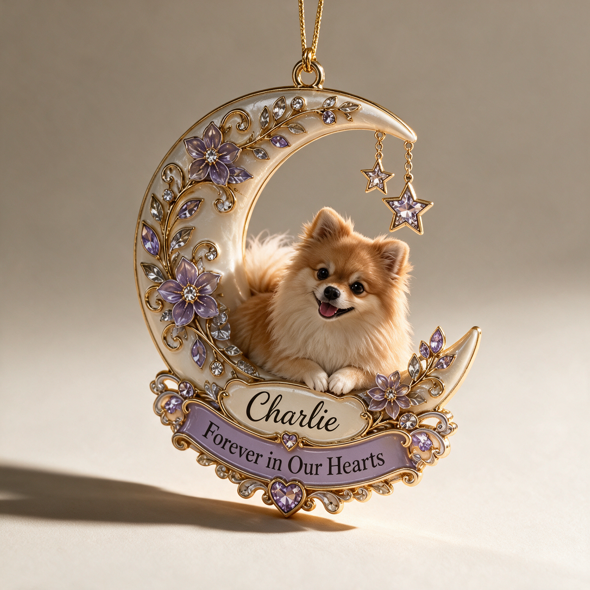 Personalized Custom Photo Pomeranian Memorial 3D Crescent Moon Ornament - Christmas Dog Lover Gift