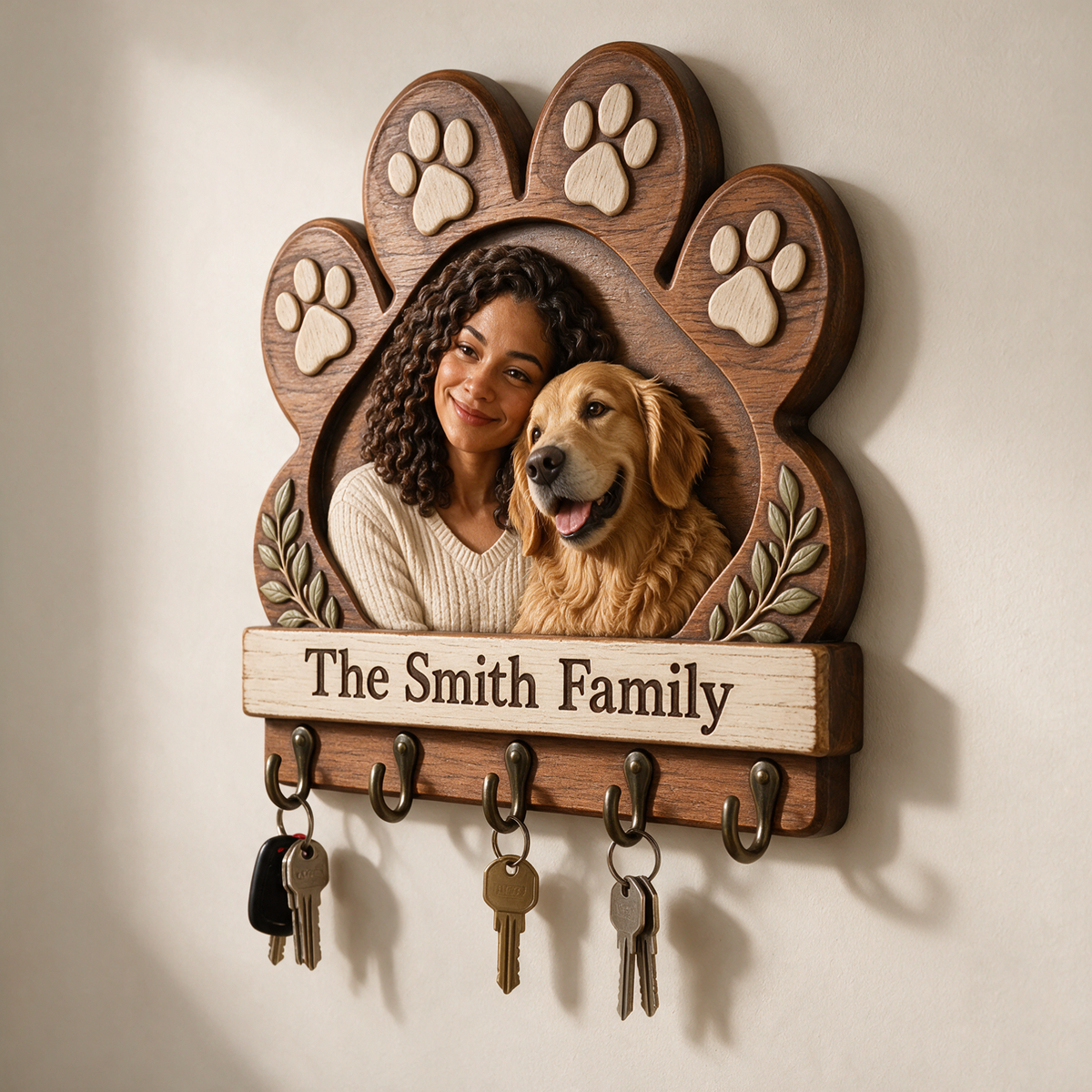 Personalized Dog Key Rack - Paw Shape with 5 Hooks