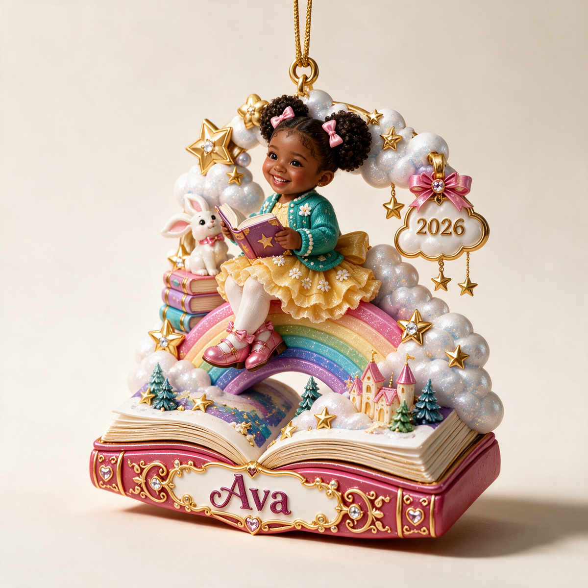 Personalized Custom Photo Rainbow Storybook 3D Ornament - 2026 Christmas Gift for Little Girls