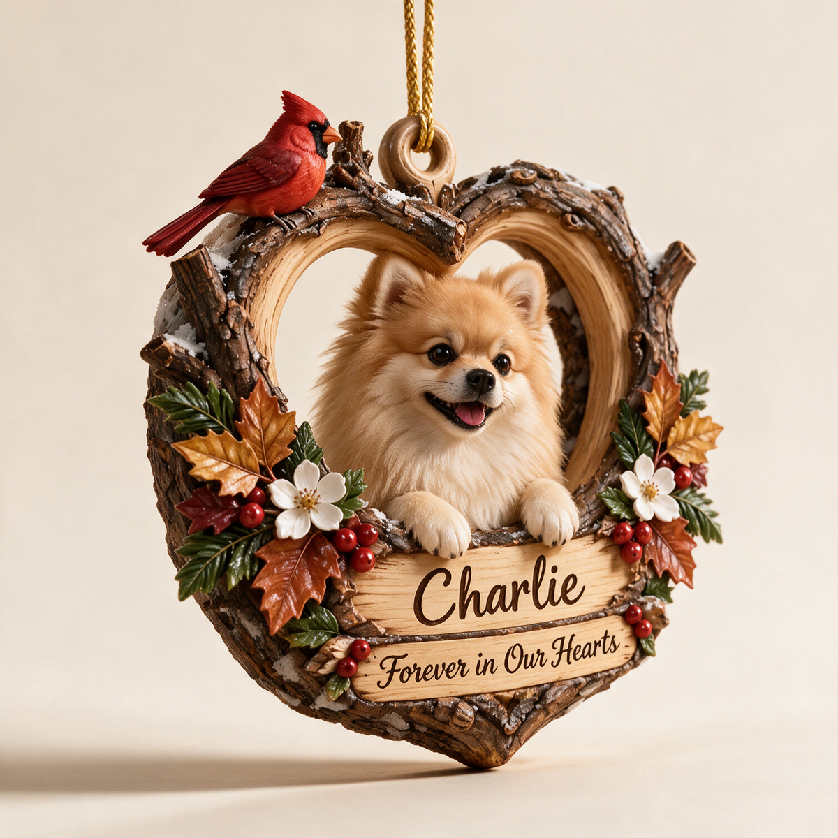 Personalized Custom Photo Pomeranian Memorial 3D Woodland Heart Ornament - Christmas Dog Lover Gift