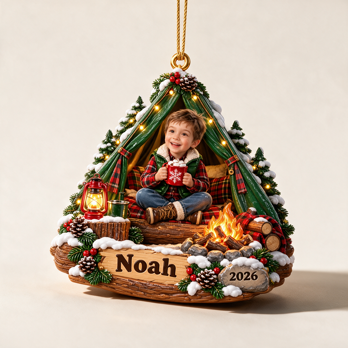 Personalized Custom Photo Camping 3D Ornament - 2026 Christmas Gift for Boys