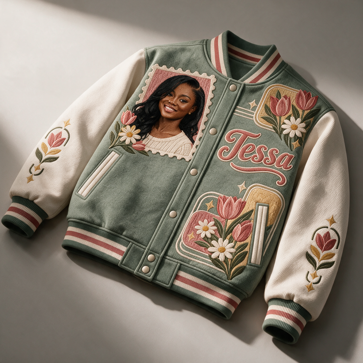Personalized Birthday Varsity Jacket - Retro Floral Portrait and Name