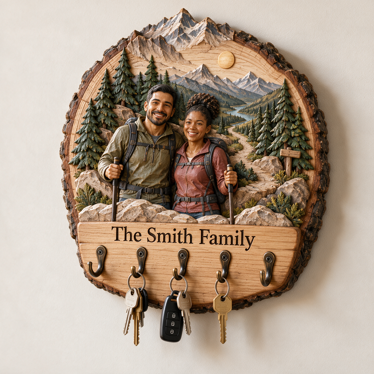 Personalized Hiking Key Rack - Mountain Couple with 5 Hooks