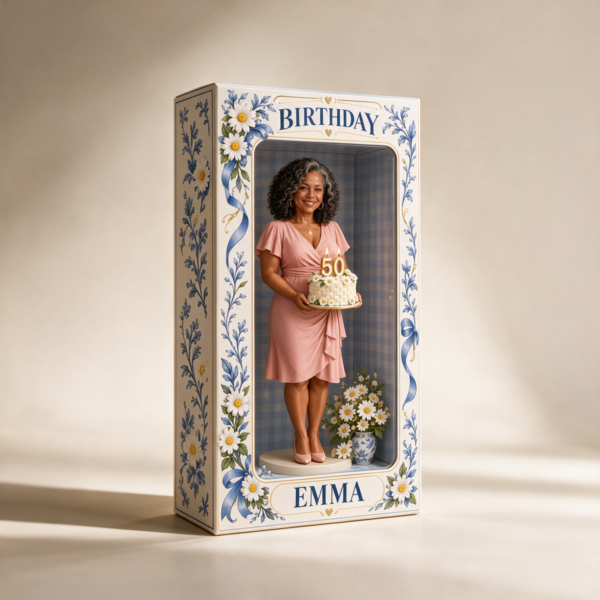 Personalized Custom Photo Blue Daisy Figurine in Acrylic Display Box - 50th Birthday Gift for Women