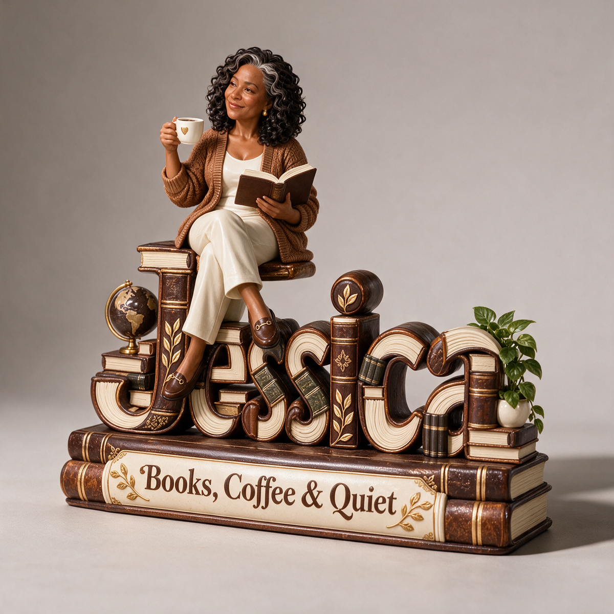 Personalized Custom Photo Book and Coffee Lover 3D Name Figurine - Gift for Older Women